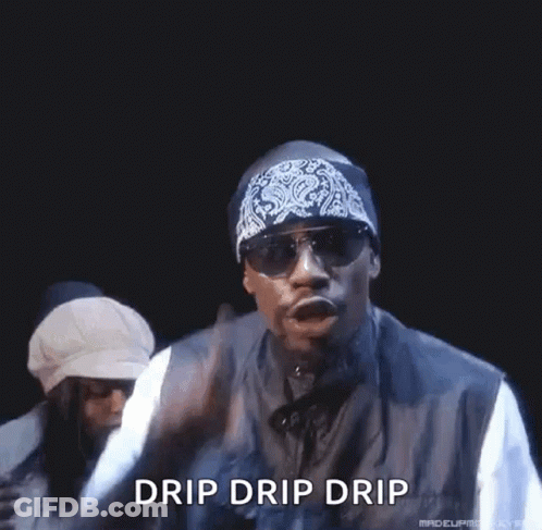A Man Wearing Sunglasses And A Bandana Is Dancing With The Words `` Drip Drip Drip '' Written On The Bottom . GIF