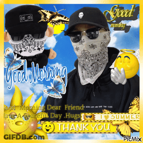 A Man Wearing Sunglasses And A Bandana Says Good Morning Dear Friend Have A Peaceful Day Hugs GIF