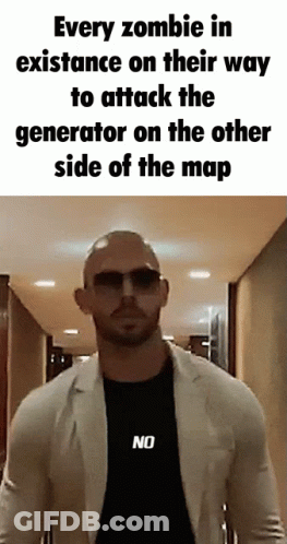 A Man Wearing Sunglasses And A Black Shirt That Says No Is Standing In A Hallway GIF