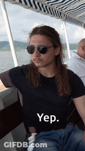 A Man Wearing Sunglasses And A Black Shirt With The Word Yep On The Front GIF