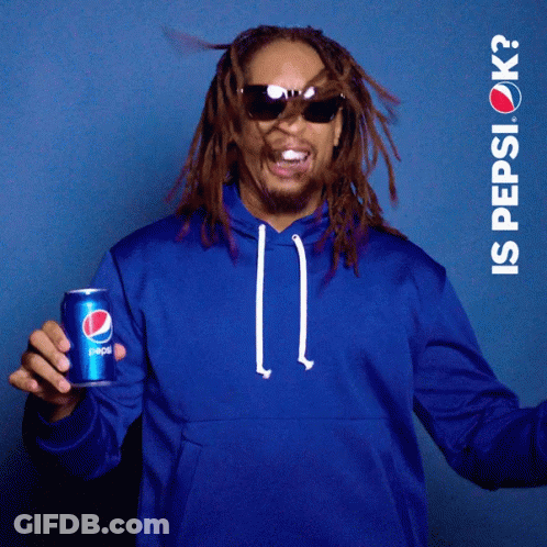 A Man Wearing Sunglasses And A Blue Hoodie Holds A Can Of Pepsi GIF