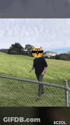 A Man Wearing Sunglasses And A Cat Face Is Walking Behind A Chain Link Fence .. GIF