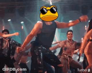 A Man Wearing Sunglasses And A Frog Face Is Dancing In A Club . GIF