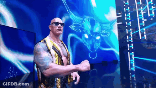 A Man Wearing Sunglasses And A Gold Vest Is Standing In Front Of A Bull On A Blue Background . GIF