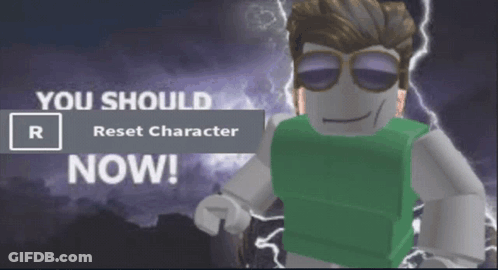 A Man Wearing Sunglasses And A Green Shirt Is Standing In Front Of A Sign That Says " You Should Reset Character Now " GIF