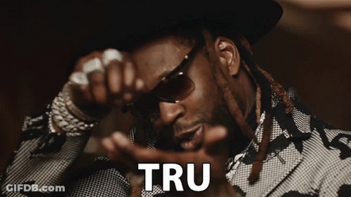 A Man Wearing Sunglasses And A Hat Has The Word Tru On His Chest GIF