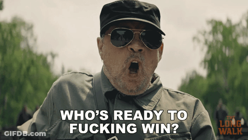 A Man Wearing Sunglasses And A Hat Is Asking Who 'S Ready To Fucking Win GIF
