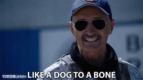A Man Wearing Sunglasses And A Hat Is Smiling And Says " Like A Dog To A Bone " GIF