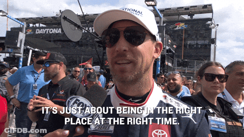 A Man Wearing Sunglasses And A Hat Says It 'S Just About Being In The Right Place At The Right Time .. GIF