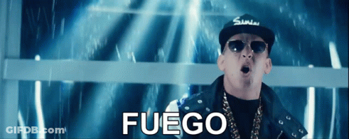 A Man Wearing Sunglasses And A Hat With The Word Fuego Written On It GIF
