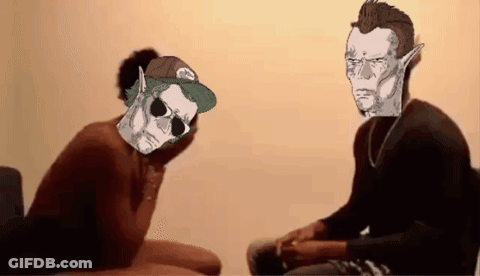 A Man Wearing Sunglasses And A Hat With The Word Vans On It Is Sitting Next To Another Man Wearing Sunglasses GIF