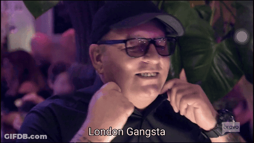 A Man Wearing Sunglasses And A Hat With The Words London Gangsta Written Below Him GIF