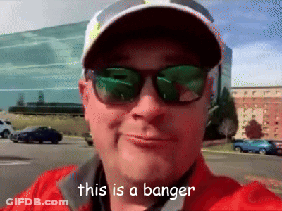 A Man Wearing Sunglasses And A Hat With The Words This Is A Banger Below Him GIF