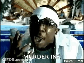 A Man Wearing Sunglasses And A Headband Is Making A Funny Face And Says `` Murder Inc '' . GIF