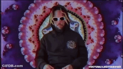 A Man Wearing Sunglasses And A Hoodie Is Standing In Front Of A Colorful Circle . GIF