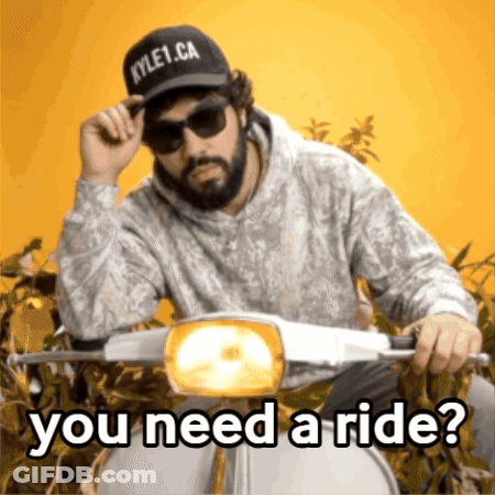 A Man Wearing Sunglasses And A Kyle1.ca Hat Rides A Scooter GIF