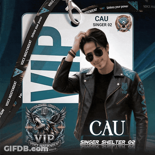 A Man Wearing Sunglasses And A Lanyard That Says Cau On It GIF