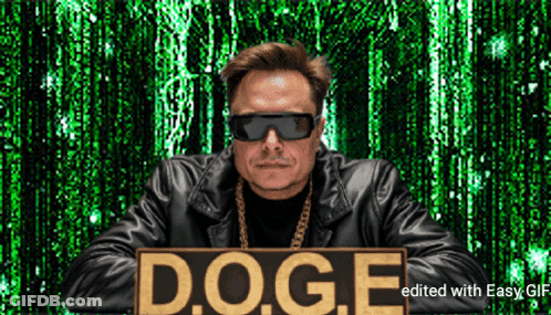A Man Wearing Sunglasses And A Leather Jacket Holds A Sign That Says D.o.g.e. GIF