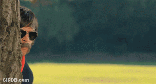 A Man Wearing Sunglasses And A Mustache Looks Out From Behind A Tree GIF