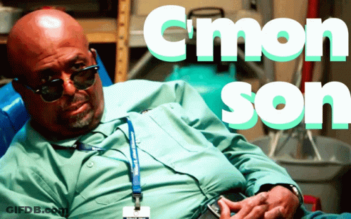 A Man Wearing Sunglasses And A Name Tag With The Words C'mon Son GIF