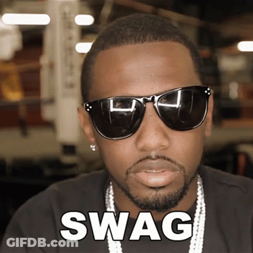A Man Wearing Sunglasses And A Necklace Has The Word Swag Written On His Face GIF