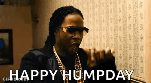 A Man Wearing Sunglasses And A Necklace Is Making A Funny Face And Saying `` Happy Humpday '' . GIF
