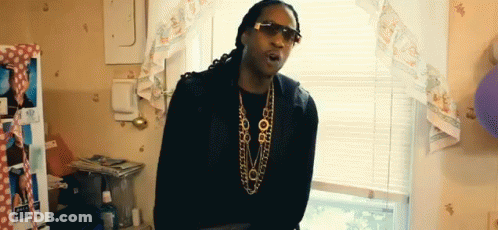 A Man Wearing Sunglasses And A Necklace Is Standing In A Room . GIF