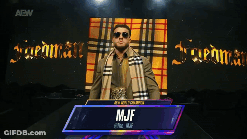 A Man Wearing Sunglasses And A Plaid Scarf With The Name Mjf GIF
