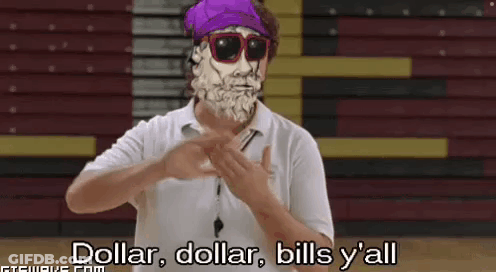 A Man Wearing Sunglasses And A Purple Bandana Says " Dollar , Dollar , Bills Y All " GIF