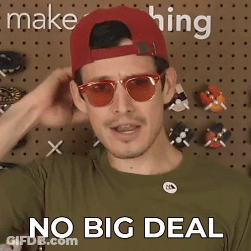 A Man Wearing Sunglasses And A Red Hat Has The Words No Big Deal On His Shirt GIF