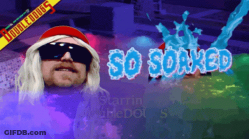 A Man Wearing Sunglasses And A Red Hat With The Words So Soaked In Blue Letters GIF