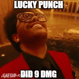 A Man Wearing Sunglasses And A Red Jacket With The Words Lucky Punch Did 9 Dmg Written On It GIF