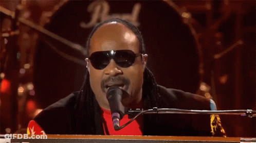 A Man Wearing Sunglasses And A Red Shirt Is Singing Into A Microphone In Front Of A Drum Set With The Letter D On It GIF