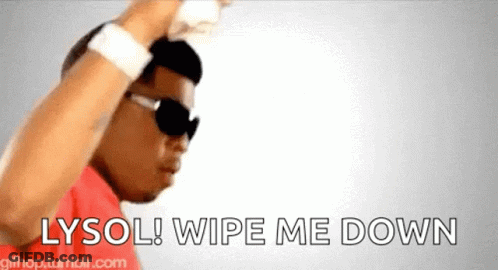 A Man Wearing Sunglasses And A Red Shirt Says " Lysol Wipe Me Down " GIF