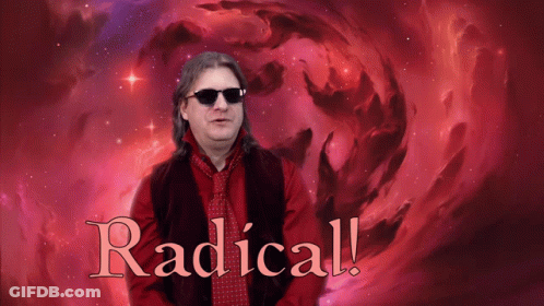 A Man Wearing Sunglasses And A Red Shirt Stands In Front Of A Red Background That Says Radical GIF