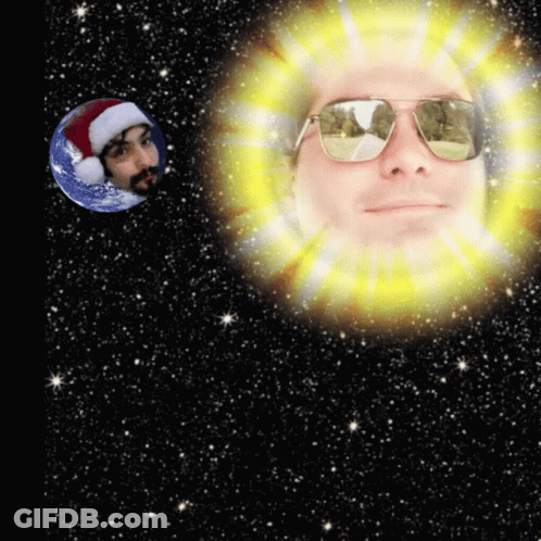 A Man Wearing Sunglasses And A Santa Hat Is Reflected In A Sun GIF
