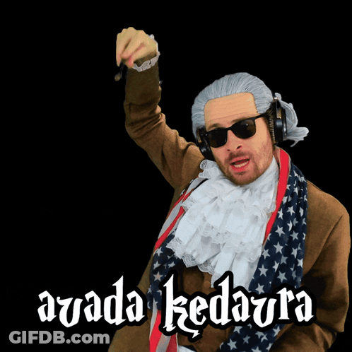 A Man Wearing Sunglasses And A Scarf With The Word Avada Kedavra On It GIF
