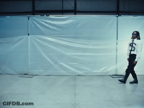 A Man Wearing Sunglasses And A Shirt With A Dollar Sign On It Stands In Front Of A White Tarp GIF