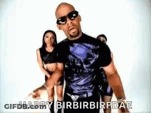 A Man Wearing Sunglasses And A Skull Shirt Says Happy Birbirbirfdae In Front Of Two Women GIF