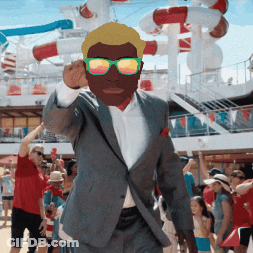 A Man Wearing Sunglasses And A Suit Is Dancing In Front Of A Water Slide GIF