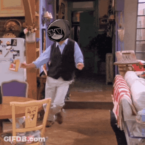 A Man Wearing Sunglasses And A Vest Is Running In A Room GIF