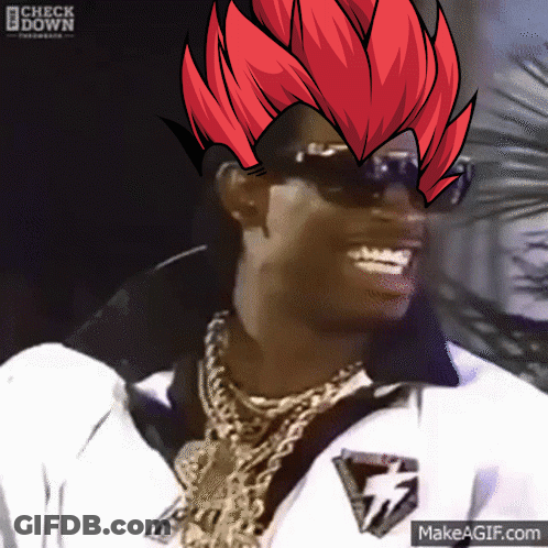 A Man Wearing Sunglasses And A White Jacket With A Check Down Logo On The Bottom GIF