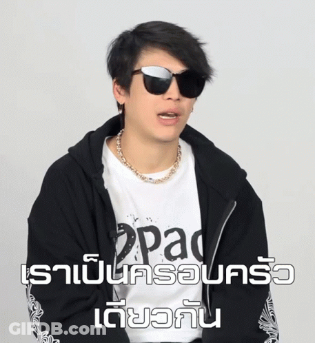 A Man Wearing Sunglasses And A White Shirt With The Word 2Pac On It GIF