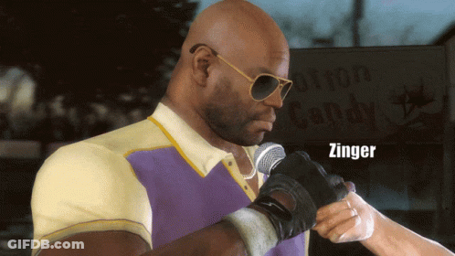 A Man Wearing Sunglasses And Gloves Is Being Interviewed By A Person With The Name Zinger On The Bottom GIF
