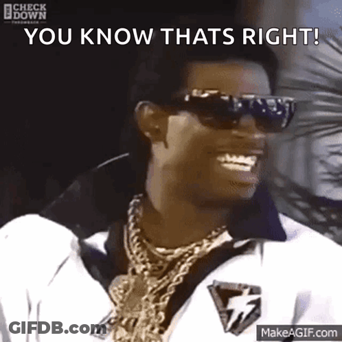 A Man Wearing Sunglasses And Gold Chains Is Smiling And Saying You Know That 'S Right ! GIF