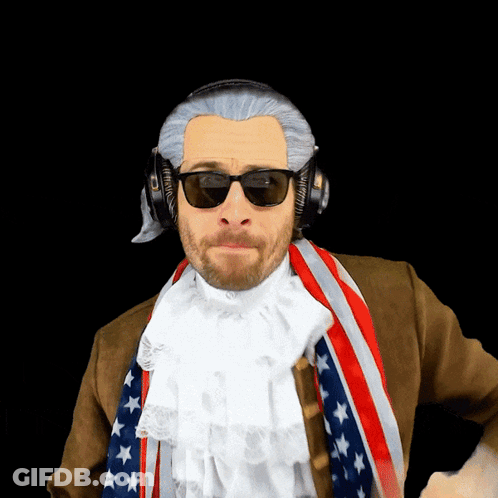 A Man Wearing Sunglasses And Headphones Is Dressed In A Historical Costume GIF