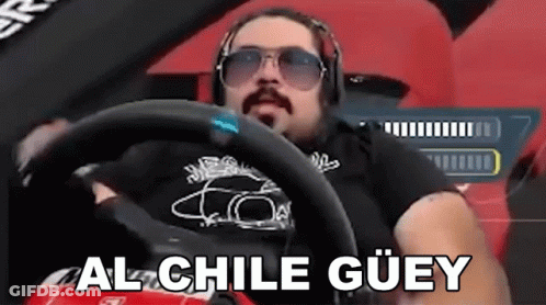 A Man Wearing Sunglasses And Headphones Is Driving A Car And Says " Al Chile Güey " At The Bottom GIF