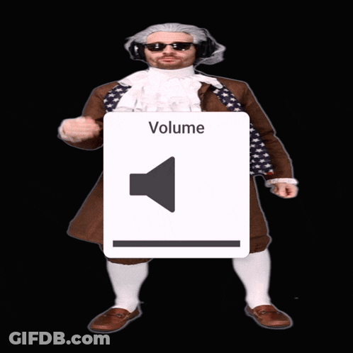 A Man Wearing Sunglasses And Headphones Is Holding A Red Box That Says Volume On It GIF