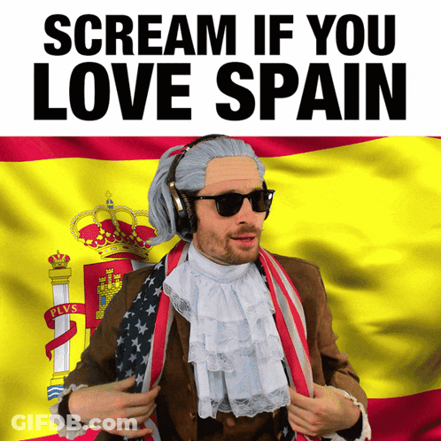 A Man Wearing Sunglasses And Headphones Stands In Front Of A Spanish Flag With The Words Scream If You Love Spain GIF