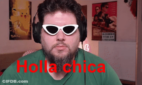 A Man Wearing Sunglasses And Headphones With Holla Chica In Red GIF